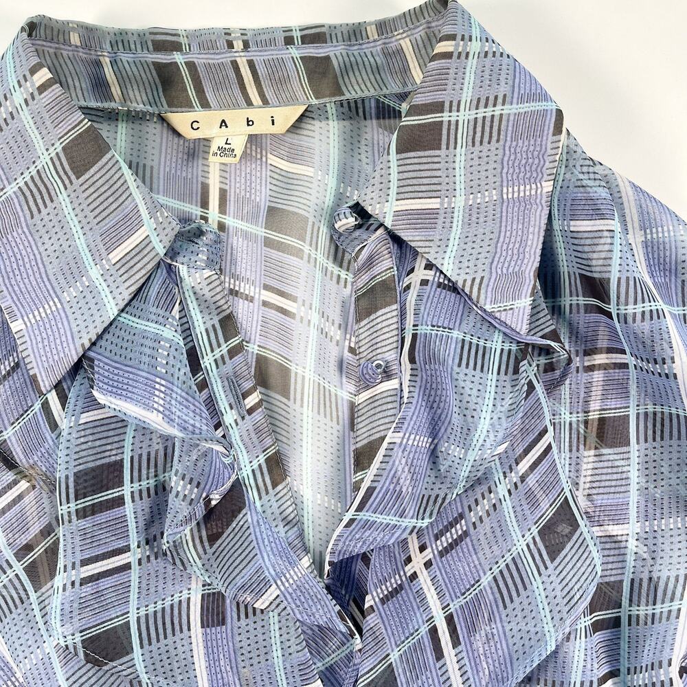 Cabi Black Blue La Di Da Blouse Womens Plaid Sheer Retail $139 Bell Sleeve Large